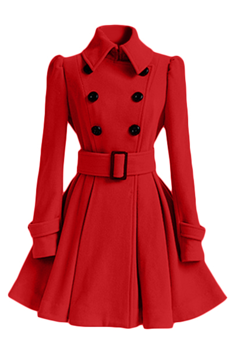 

New Winter Women's Wool Coats Long Jackets Slim Outwear Turn Down Collar Solid Ruffled Coat, Black