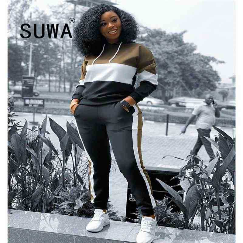 

Contract Spliced Two Piece Tracksuit Women Set Costumes Long Sleeve Hooded Sweatshirt Top and Sporty Jogger Legging Pants Suit 210525, Red