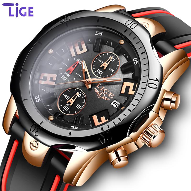 Wristwatches 2021 LIGE Mens Watches Top Dial Clock Male Fashion Silicone Waterproof Quartz Gold Watch Men Sport Chronograph-image-704562902