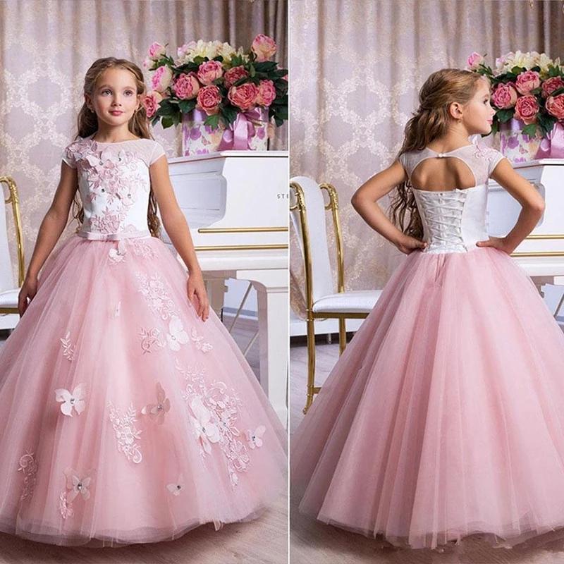 

Girl's Dresses White And Pink Flower Girl With 3D Butterfly Lace Applique Wedding Cute Princess Communion Pageant, Red;yellow