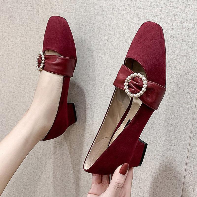

Spring Autumn Women Dress Shoes Pearls Buckle Pumps Mid Heels Mary Janes Shoe Square Heeled Boat Shoes Ladies Red Black 8979N