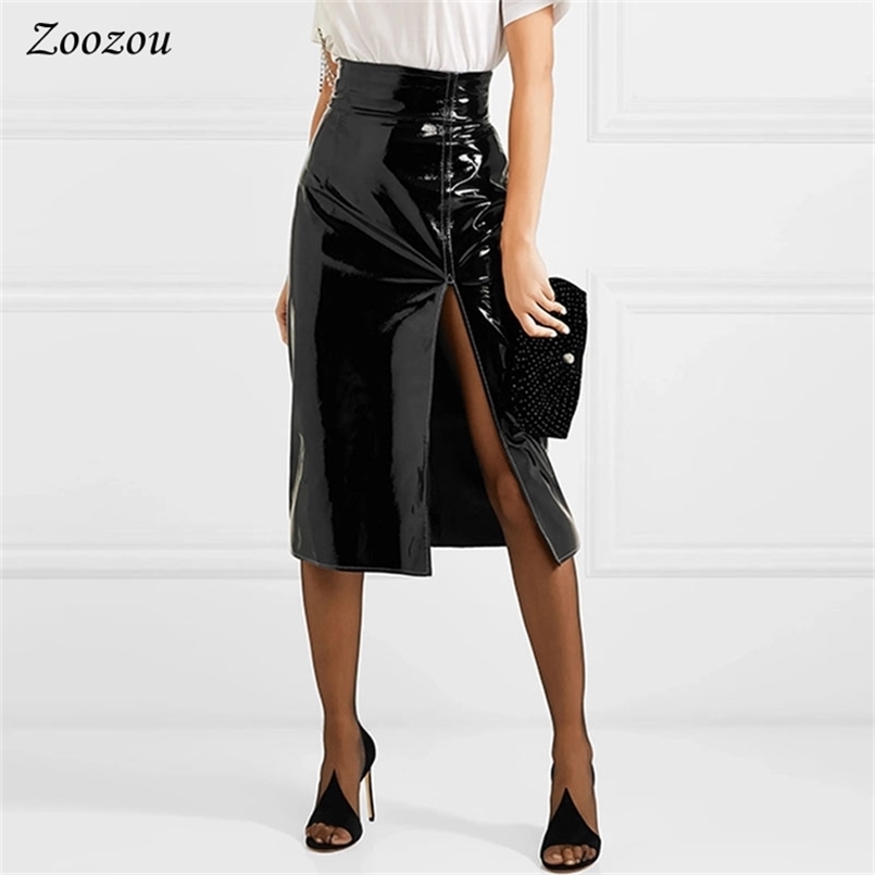 

Sexy Black Split Slit Patent Leather Midi Skirt Women High Waist Knee Length PVC Elegant Office Lady's Latex Custom 210702