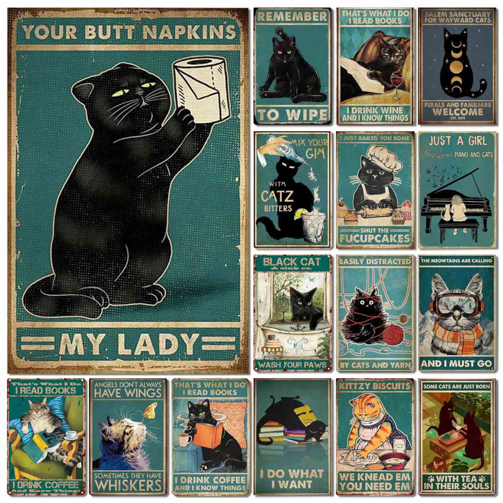 

Cute Black White Cat Retro Metal Poster Vintage Tin Signs Home Living Bedroom Toilet Stair Wall Decor Tin Plaques Iron Painting H1110