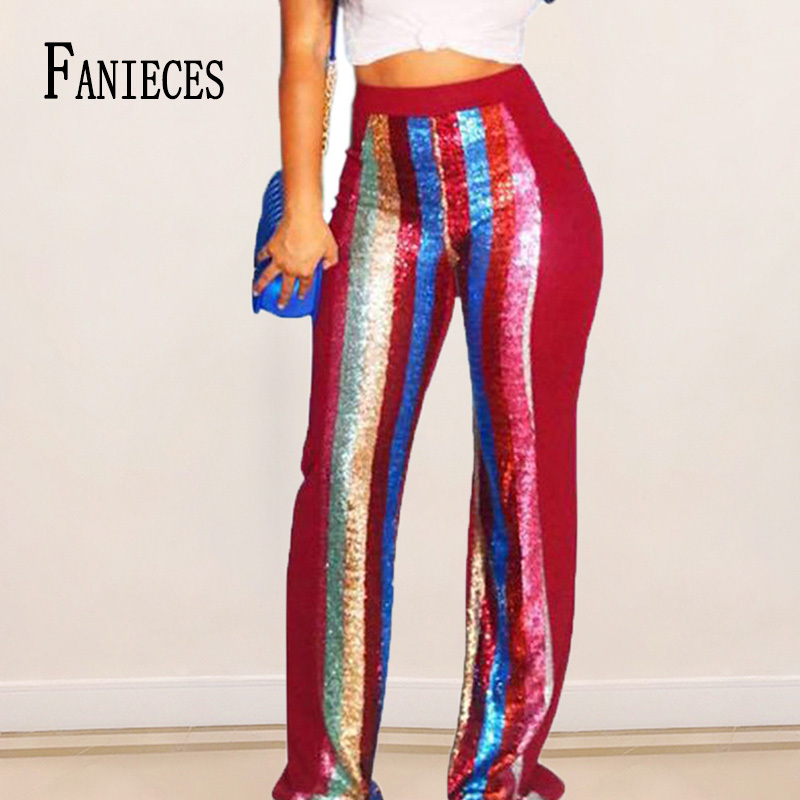 

FANIECES Fashion Shiny Women Sexy Club Striped streetwear Pants pantalones mujer elastic waist Disco Long Trousers 210520, Black 2