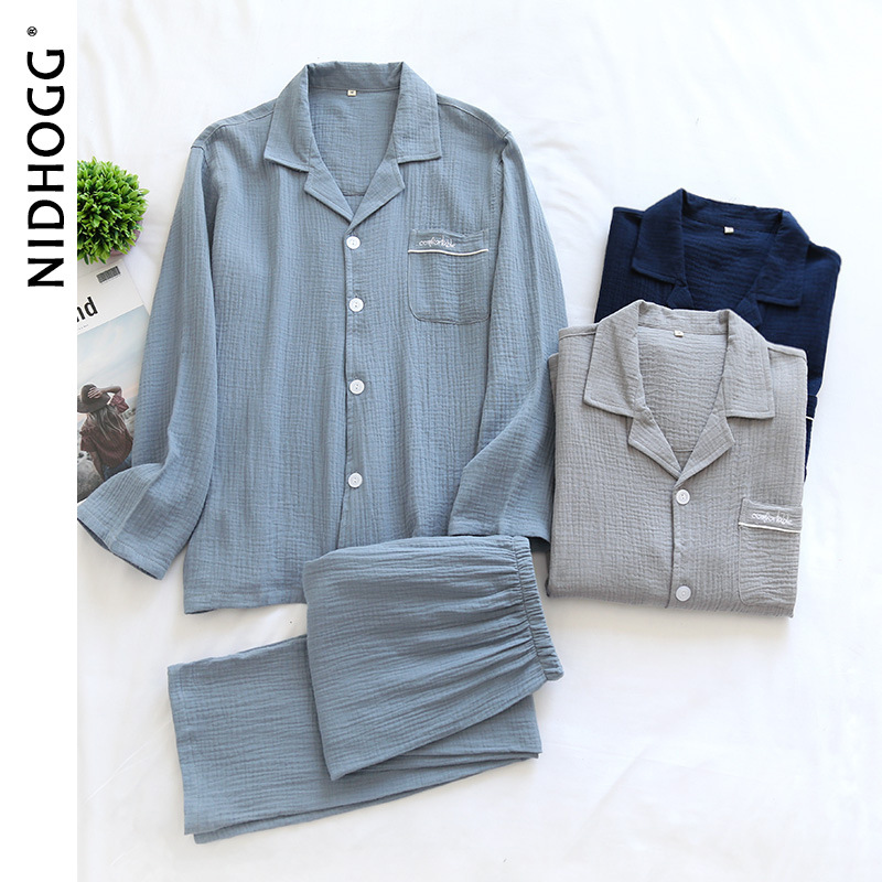 

2021couples cotton crepe double layer gauze pajamas men and women large size sleepwear long sleeve solid pyjamas two piece set, Black;red