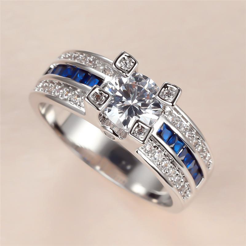 Wedding Rings Vintage Male Female Blue Crystal Ring Dainty Silver Color For Women Men Luxury White Round Zircon Engagement-image-711436326