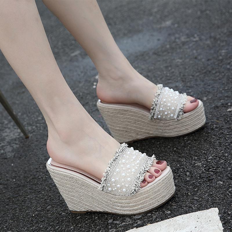 

Summer Women Sandal Pearl Embellishment Wedges Rope Weaving Platform Slippers Sandals, Black