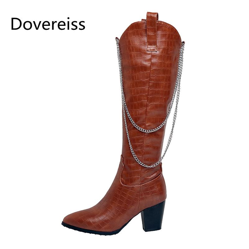 

Boots Winter For Woman Fashion Pointed Toe Consice Shoes Pure Color White Brown Block Heels Knee High 32-46, Black