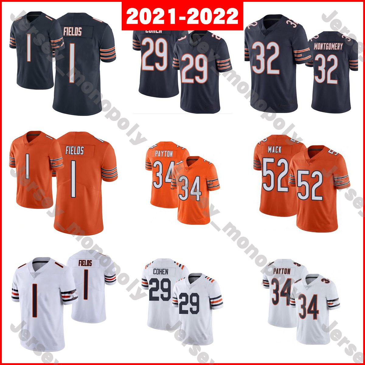 

2021 1 Justin Fields 29 Tarik Cohen Football Jersey 32 Montgomery 34 Walter Payton 52 Khalil Mack 58 Roquan Smith, As