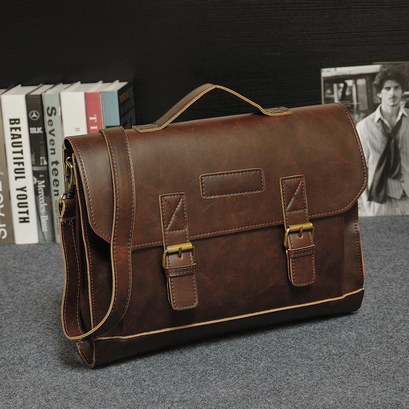 

Factory wholesale men bag retro crazy horse leather business document handbag horizontal large Joker leathers businesss briefcase street fashion handbags, Brown