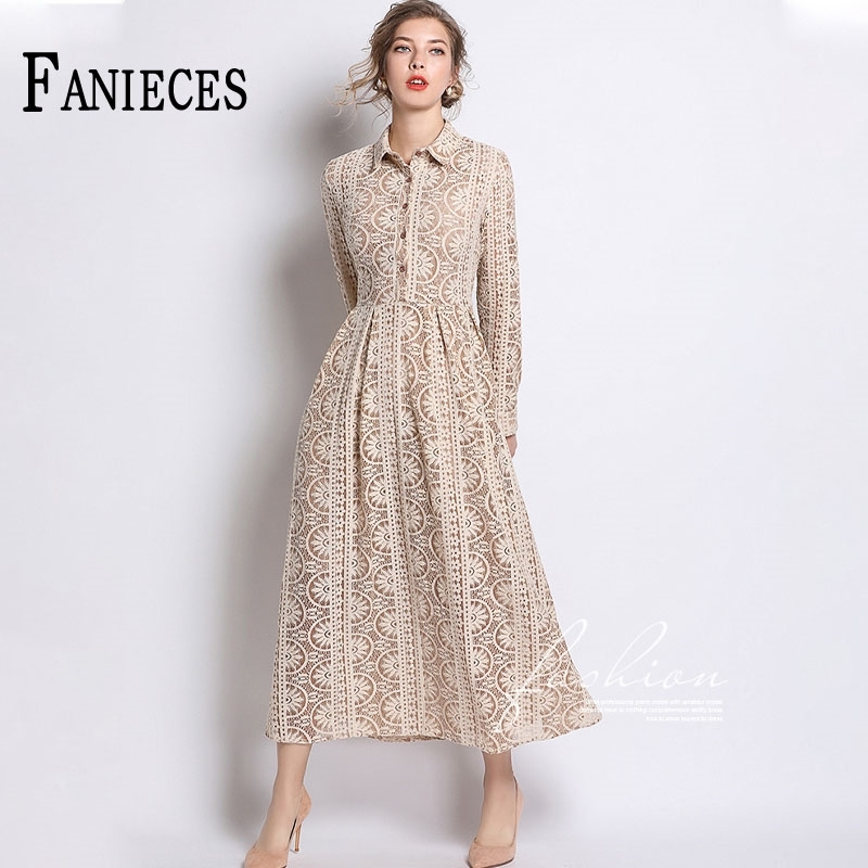 

High Quality Fashion Autumn Runway Long Sleeve Shirt Dresses For Women Slim Lace With Large Swing Vestidos 210520, Khaki