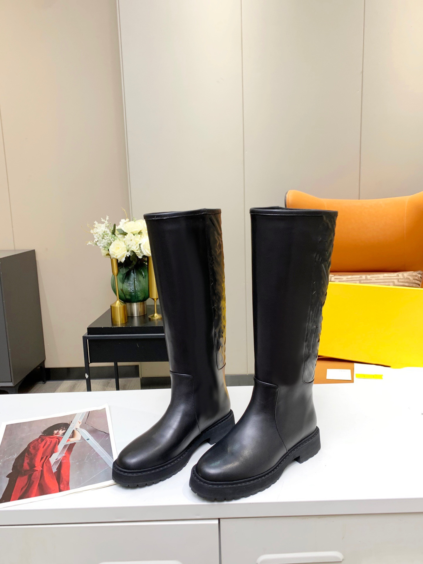 

Design low-heel women's black-soled boots winter booty luxury designer letter print shoelace with box