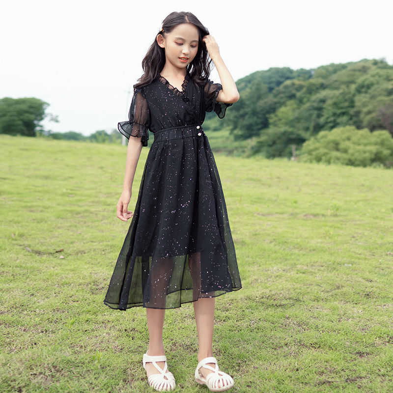 

Girls 2021 New Summer Dress Chiffon Bohemian Princess Party Dress Children's Clothing Dresses for Teenage Girls 12 and 14 Years, Black