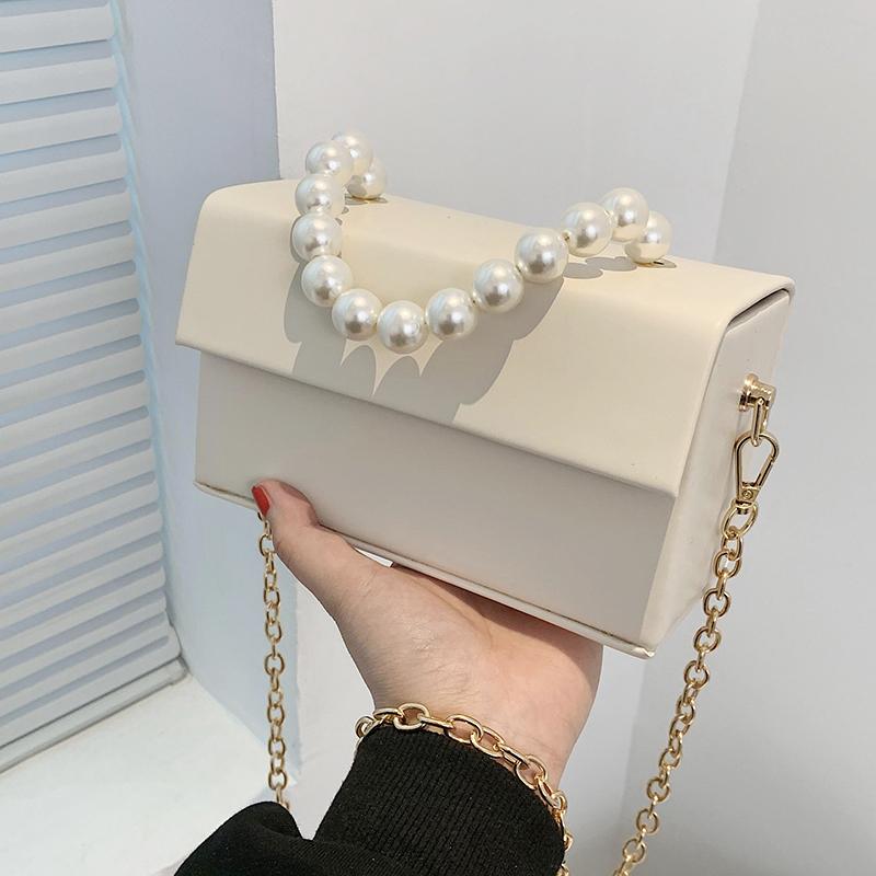 

Solid Color Box Bag Pearl Tote 2021 Summer High Quality PU Leather Women's Designer Handbag Chain Shoulder Messenger Cross Body, Beige
