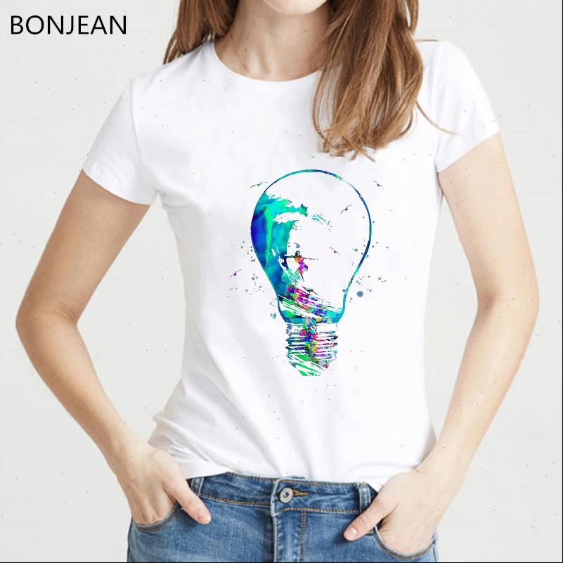 

novelty womens t shirts design watercolor surfer girl in bulb shirt women hipster cool ladies tee femme korean style female, White
