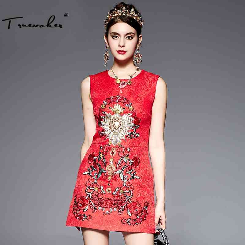 

Truevoker Designer Dres's High Quality Elegant Sleeveless Heart Beading Diamond Flower Embroidered Jacquard Red 210602