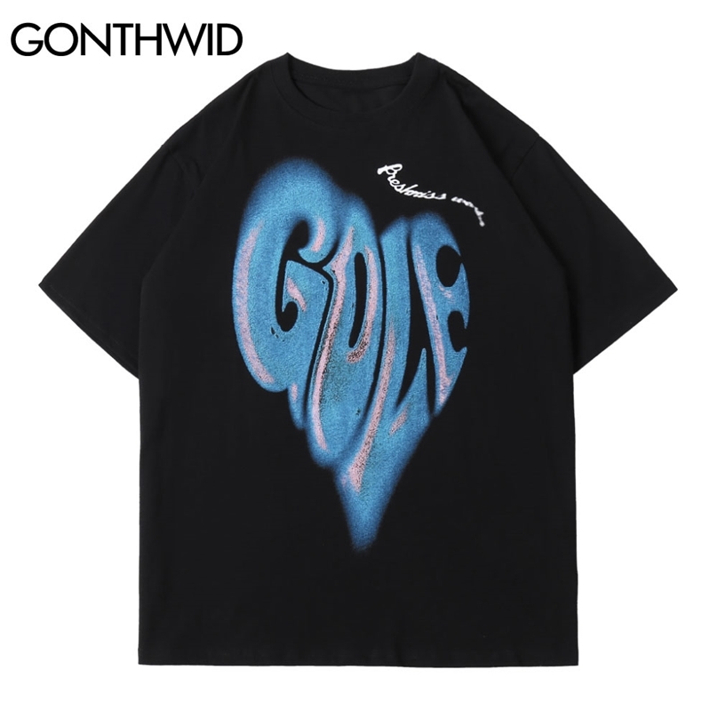

T-Shirts Cotton Casual Harajuku Men Summer Letter Heart Print Short Sleeve Tees Shirts Streetwear Hip Hop Loose Tops 210602, Black