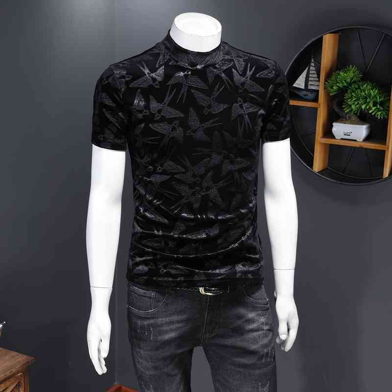 

Men's autumn and winter high-neck short-sleeved t-shirt bottoming shirt dark flower half-sleeved youth thickening and velvet T-shirt, White;black