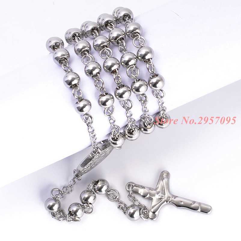 

Fashion Jewelry Womens Mens Necklace Top Quality Stainless Steel White Bead Rosary Chain Jesus Christ Cross Pendant