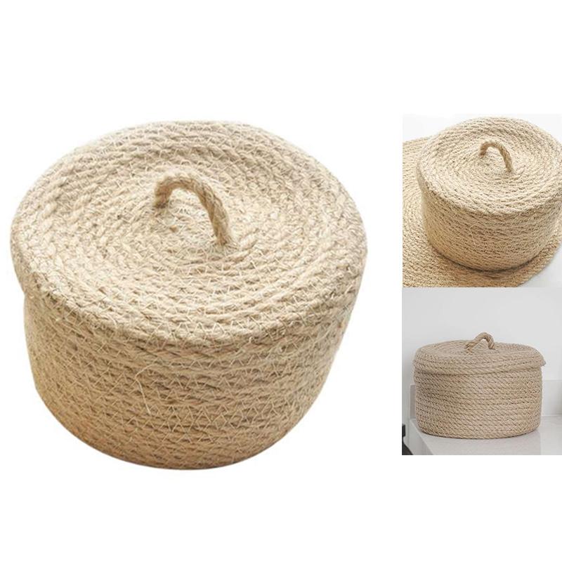 

Jute Desktop Storage Basket Key Sewing Bag Snack Sundries Box With Lid Baskets