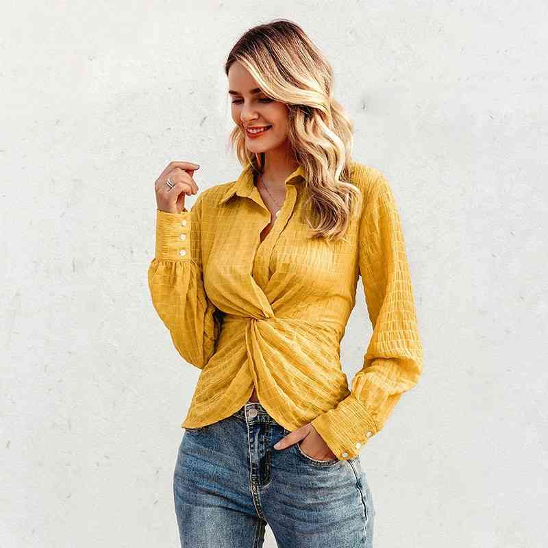 

Casual Twisted Women Plaid Blouse Shirt Elegant Long Sleeve Spring Female High Waist Slim Office Ladies Tops 210603, Blue