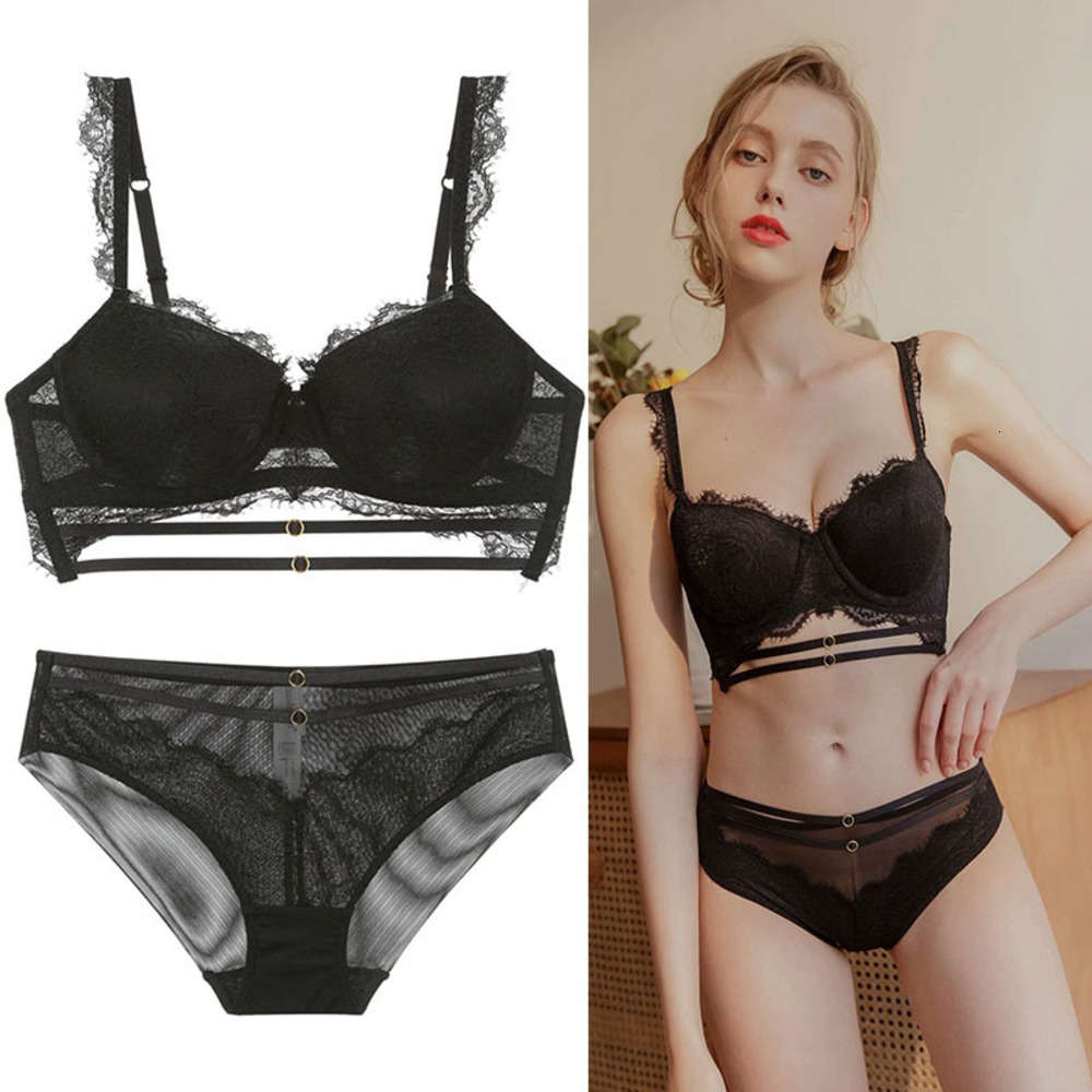 

2020 new style thickened small chest sexy gathered up bra set lace lingerie, Black;white