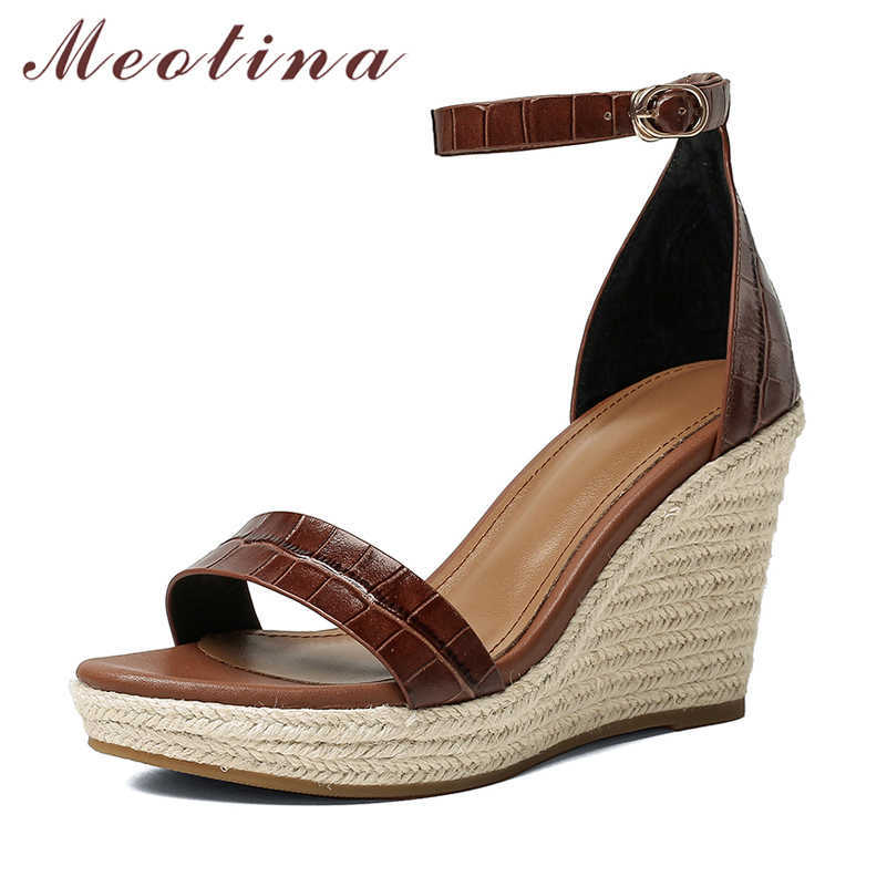

Meotina Shoes Women Genuine Leather Sandals Wedges Super High Heel Sandals Ankle Strap Round Toe Ladies Footwear Summer Black 210608