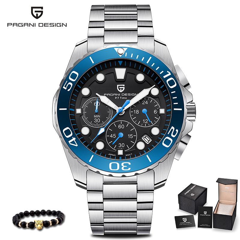 

Wristwatches PAGANI DESIGN Top Brand Men's Quartz Watches Sports Business Man Wristwatch Waterproof Full Steel Chronograph Male Reloj Hombre, Blue