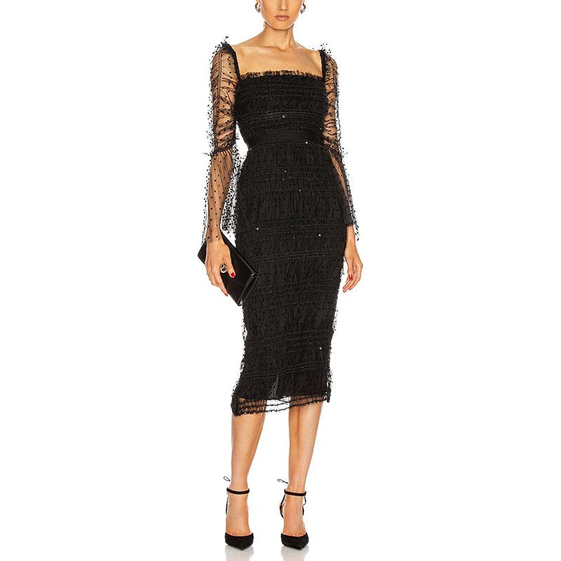 

Casual Dresses Fashion Summer Sexy Maxi Bandage Dress 2021 Elegant Long Flare Sleeve Dot Sequins Bodycon Draped Party, Black