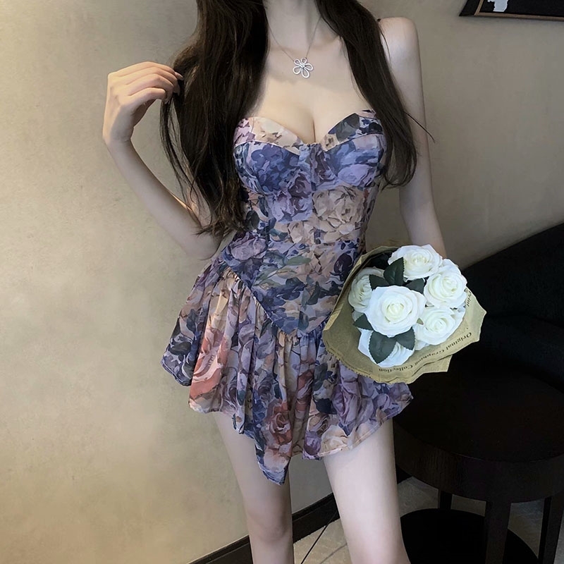 

WOMENGAGA Korean Vintage Super Sweet Floral Print Mini Tank Sexy Bodycon Dress Female Spring Summer Tops Dresses 8L6M 210603, Color