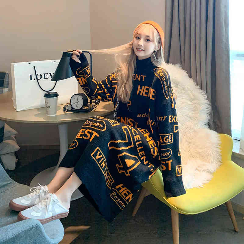 Harbour Wind Vintage Jacquard Sweater Dress 2021 Women Winter Harajuku Half High Collar Loose Knitted Dress Fashion Streetwear G1214-image-746505419