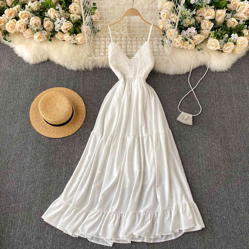 Two Piece Dress Foamlina Crochet Knitting Patchwork V-neck Sleeveless Long Women Sexy Open Back Lace-up Bandage Beach Party White-image-700545102