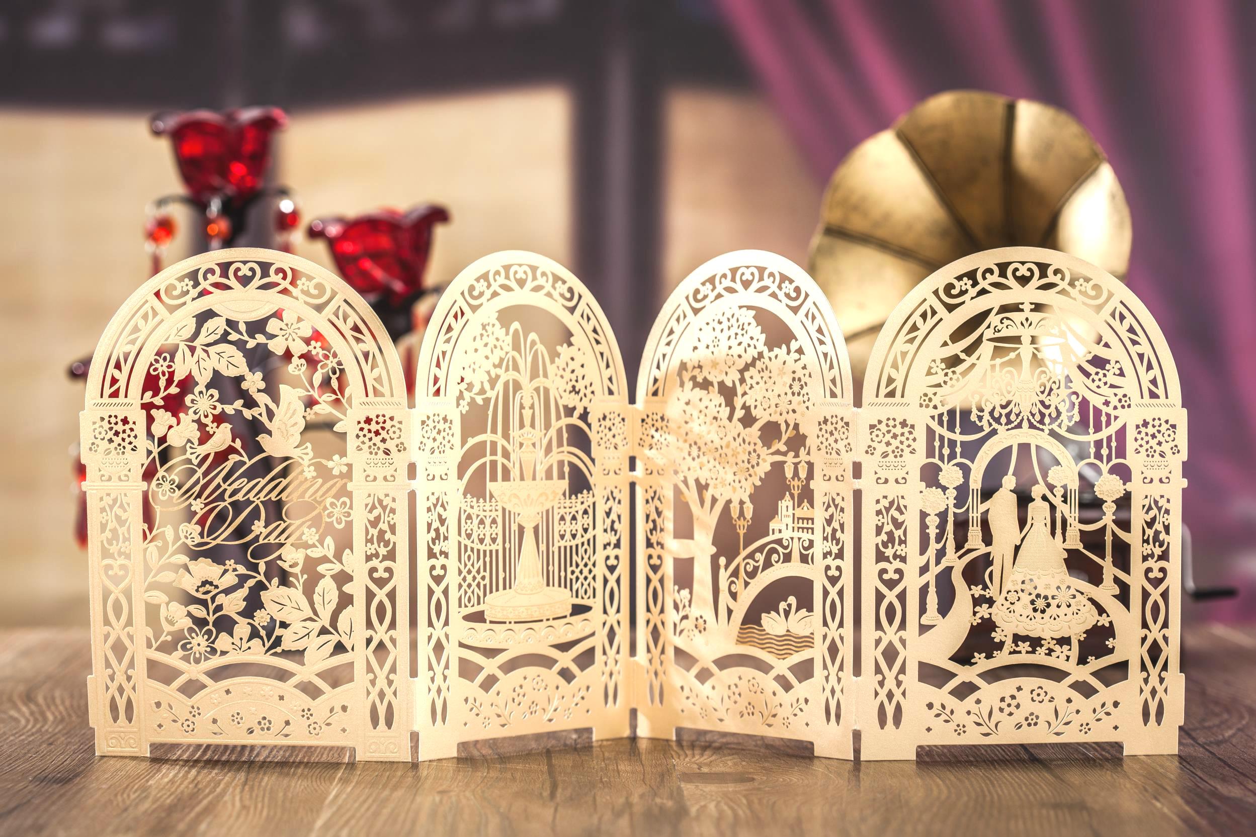 

2021 Gold custom personalized Wishmade laser cut wedding invitation cards kit, with envelopes, seals, personalized printing, for wedding