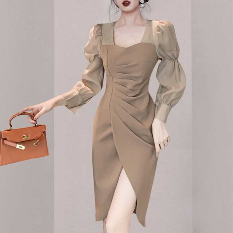 

Korean Fashion Elegant Women Square Collar Puff Sleeve Bodycon Vintage Slim Split Sheath Dresses Vestidos 210526, Photo color