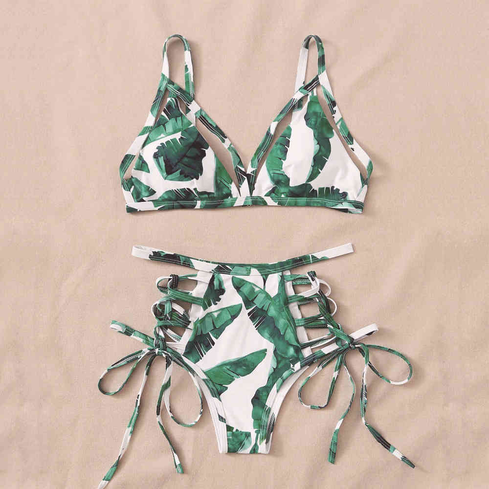 

High Waist Bikini Set Swimsuits Push Up Swimwear Women Criss Cross Halter String Biquini Brazilian Green Leaf Bathing Suits 210520