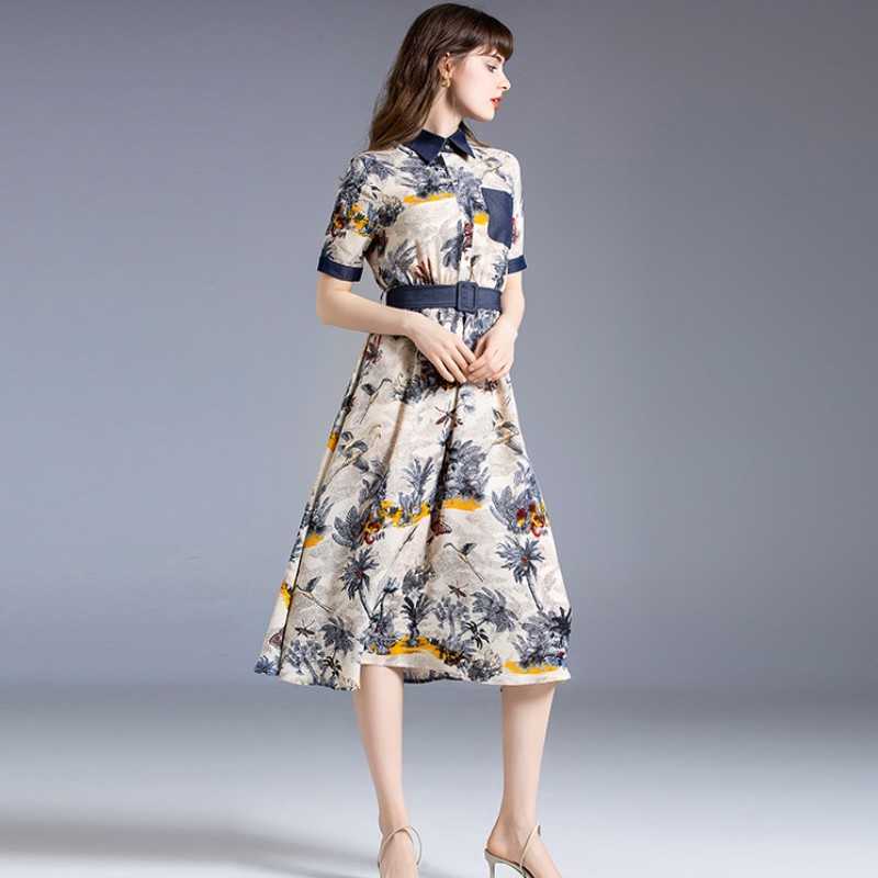 

High Quality Summer Elegant Floral print patchwork Denim pocket Midi Dress Vintage Runway Designer casual Femme Robe 210526, Photo color