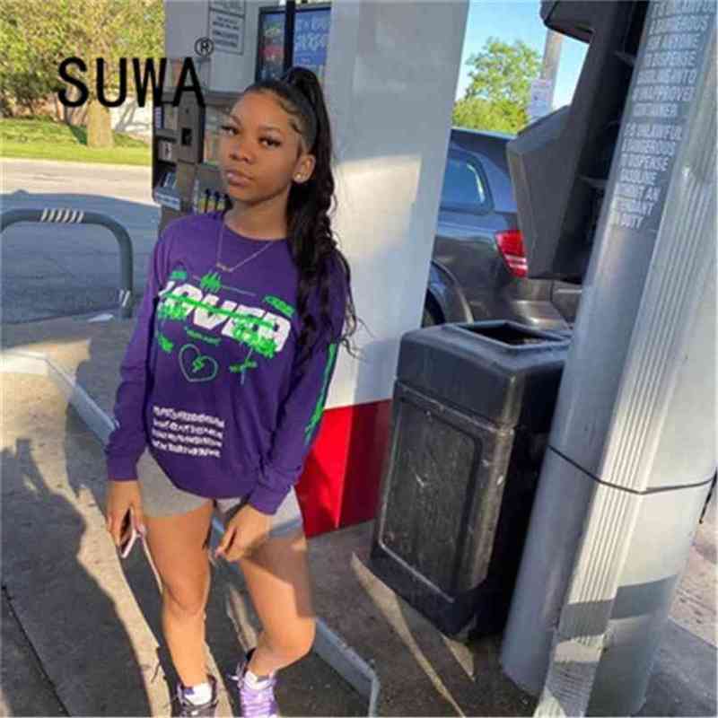 

Spring Summer Autumn Women' Clothing Sale Round Neck Print Top T-Shirt BF Style Long Sleeve Pullover Sweatshirt 210525, Purple