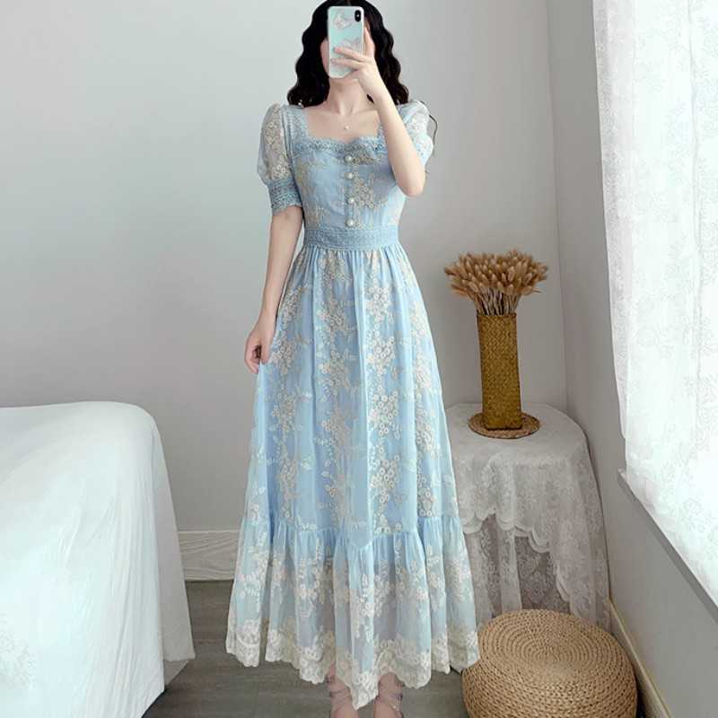 

Summer Sweet Lace Embroidery Party Dresses Elegant Square Collar Puff Sleeve Casual Button A Line Ruffles Boho Long Dress 210526, Beige