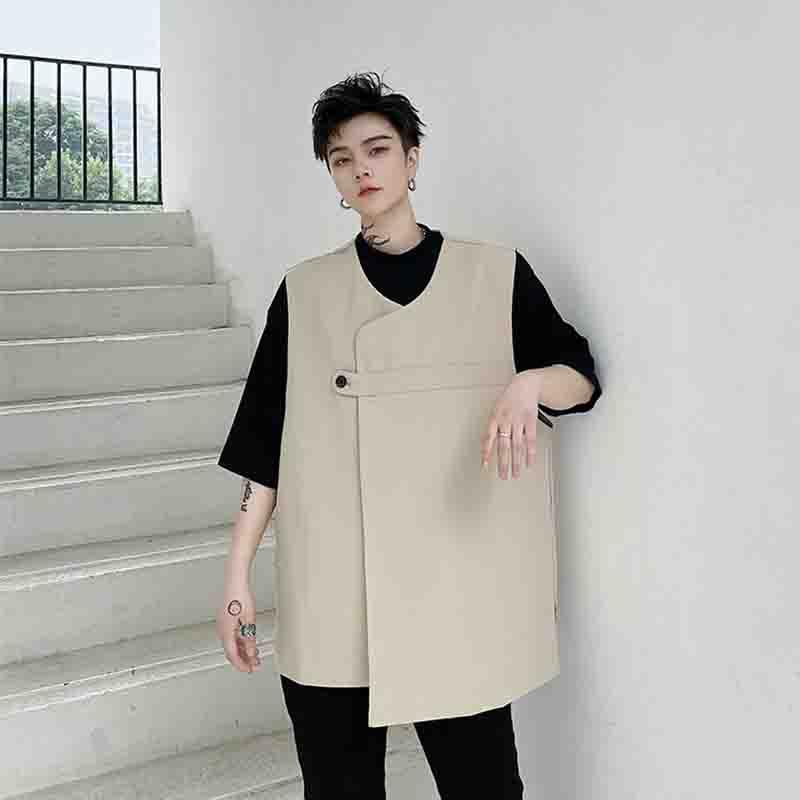 

Men' Vests Korean Loose Solid Color Work Clothes Stylist Autumn Style Personalized Dark Asymmetric Vest, Black