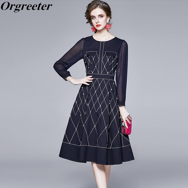 

High-end Party Dress Women Fall Winter Graceful O-neck Long Chiffon sleeves Handmade Beaded Geometry Mid-length 210525, Navy blue