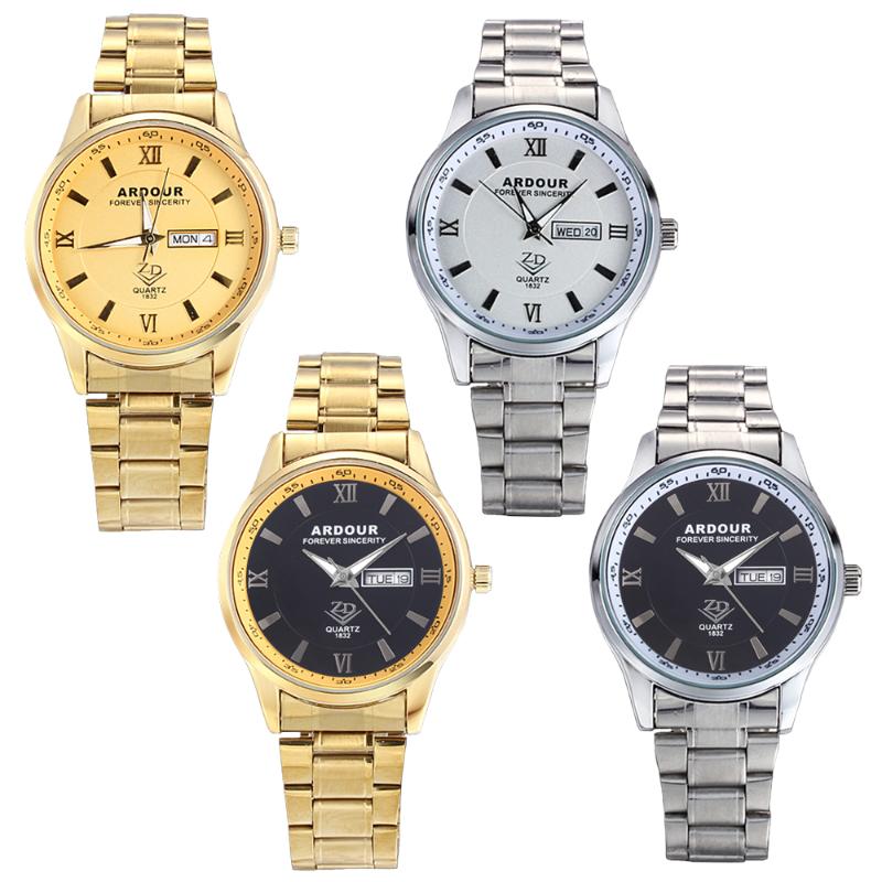 Wristwatches Golden Silver Men Elegant Stainless Steel Band Date Day Display Quartz Analog Mens Business Dress Watch Big Dial Wristwatch-image-710068434