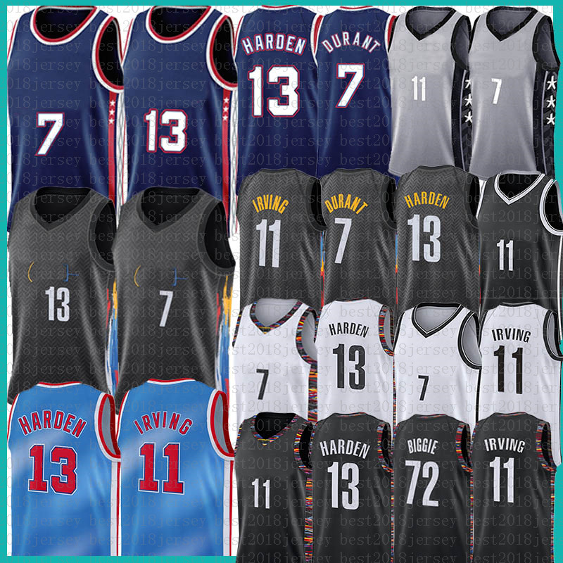 

7 Kyrie 11 Kevin 72 Irving Biggie Durant 13 Harden Basketabll Jersey Mens 2021 NCAA Jerseys Black Grey Blue White, 2021 jersey
