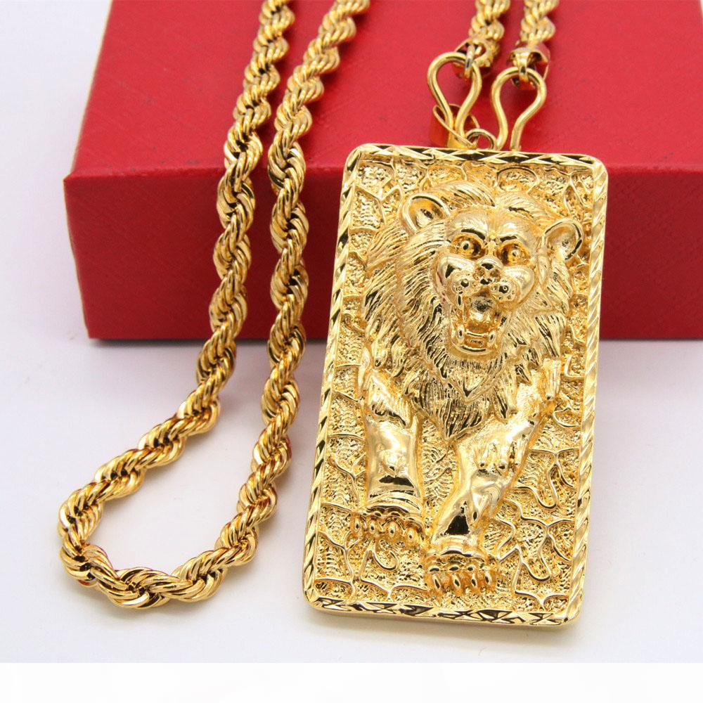 

Big Lion Pattern Pendant Rope Chain Necklace 18k Yellow Gold Filled Solid Mens Jewelry Hip Hop Style, Silver