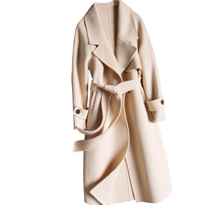 

Women's Wool & Blends Autumn Winter Fashion Beige Long Double-Sided Woolen Coat Women Overcoat Belt Suit Collar Elegant Office Lady Jacket F