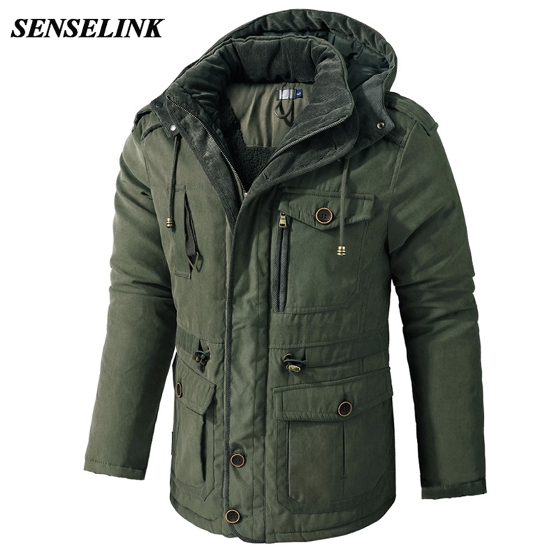 

2022DF Winter Warm Wool Lamb Jacket Men Thick Hooded Windproof Parka Coat Solid Color Plus Size Multi Pocket Men Jacket S-2Xl, Army green