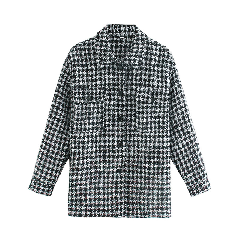 

Summer Women Small Fragrance Wild Loose Lapel Long-Sleeved Single-Breasted Female Houndstooth Jacket 210520, Black and white