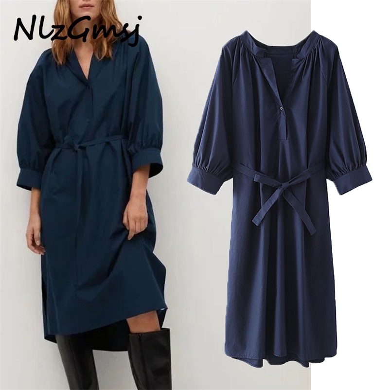 

Dres Fashion Solid Navy Loose Shirt with Slash Vintage Long Sleeve Office Ladies Midi 210628, As picture