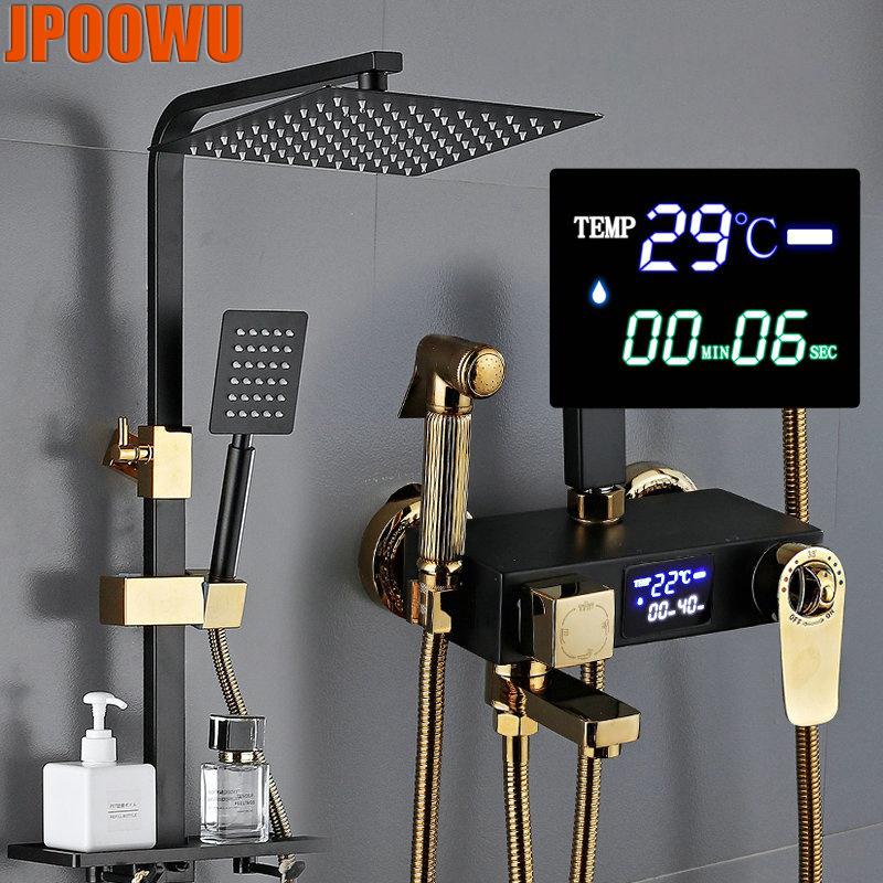 

Bathroom Shower Sets Thermostatic Rain Faucet System Set Cold Mixer Bath Kit Wall Mount Square Stainless Steel Faucets Tap