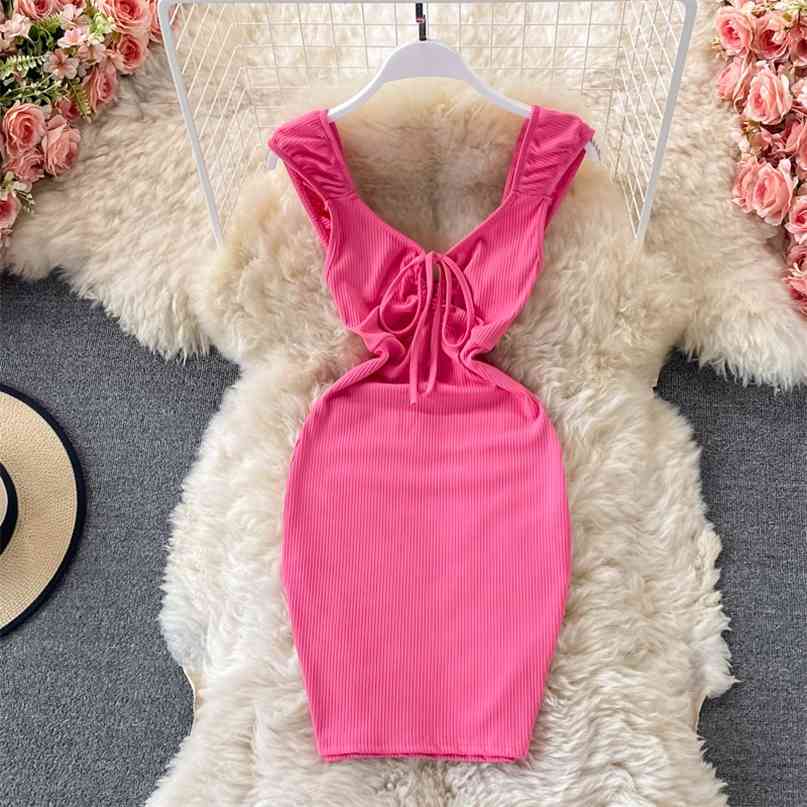 

Chic Summer Women Sexy Lace-up V Neck Sleeveless Mini Bodycon Dress Solid Slim Waist Backless Tight Fit Ribbed Party 210603, Purple