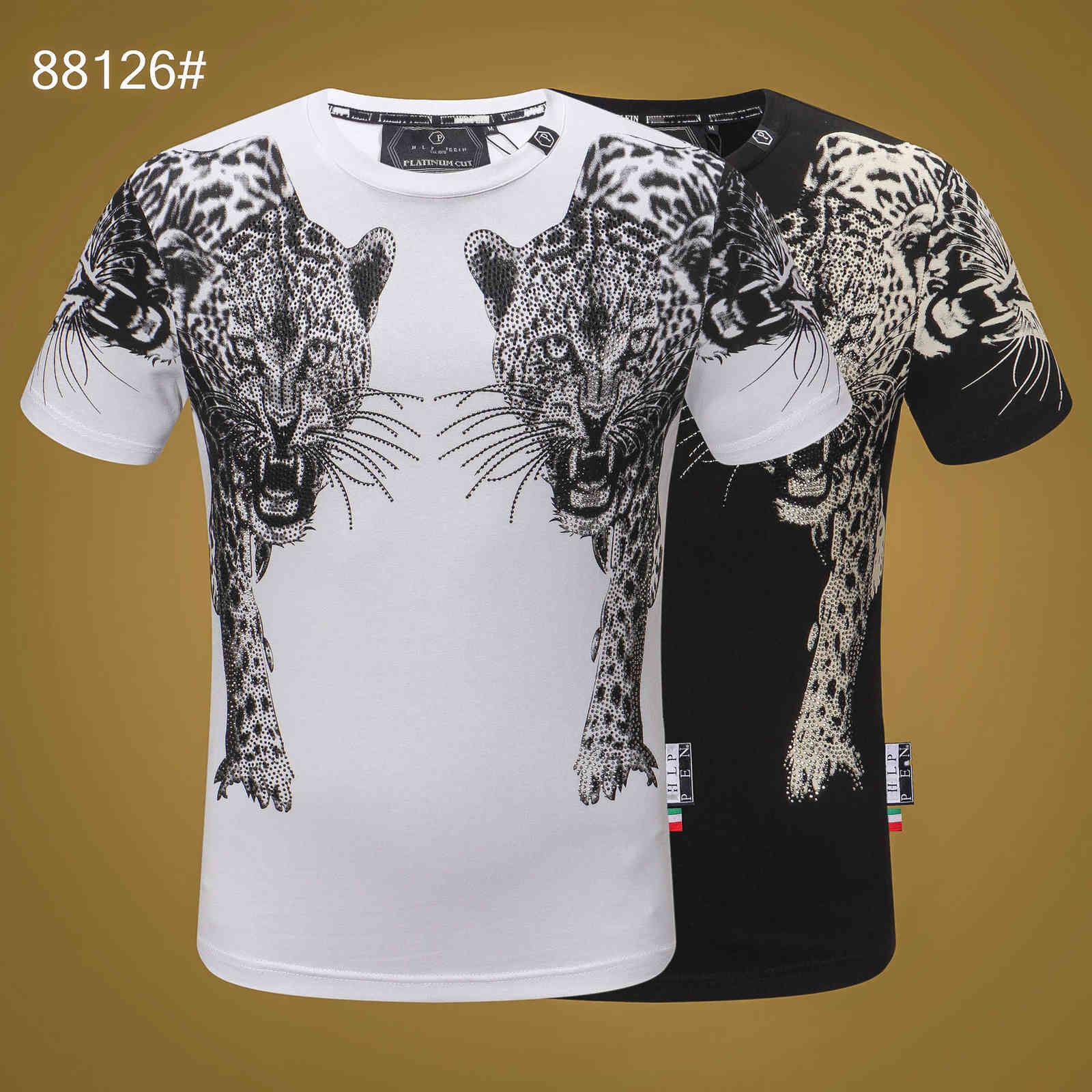 

Brand Philippe Summer Fashion Men's Diamond Double Tiger Head Personality Cool Slim Short Sleeve T-shirt Pp Wear, White